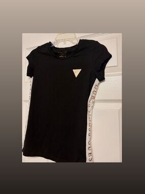 GUESS Black Short Sleeve Tee with Gold Logo Triangle and Side Trim